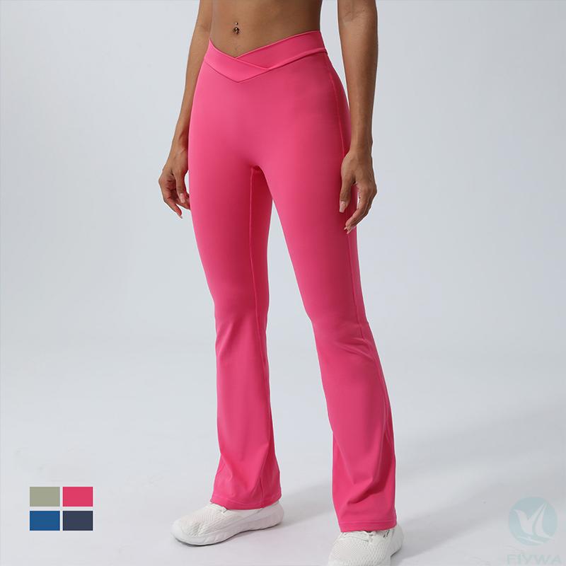 custom logo camel toes fold over waist yoga pants cross v waist back yoga pants womens flared leggings FLY-K-010