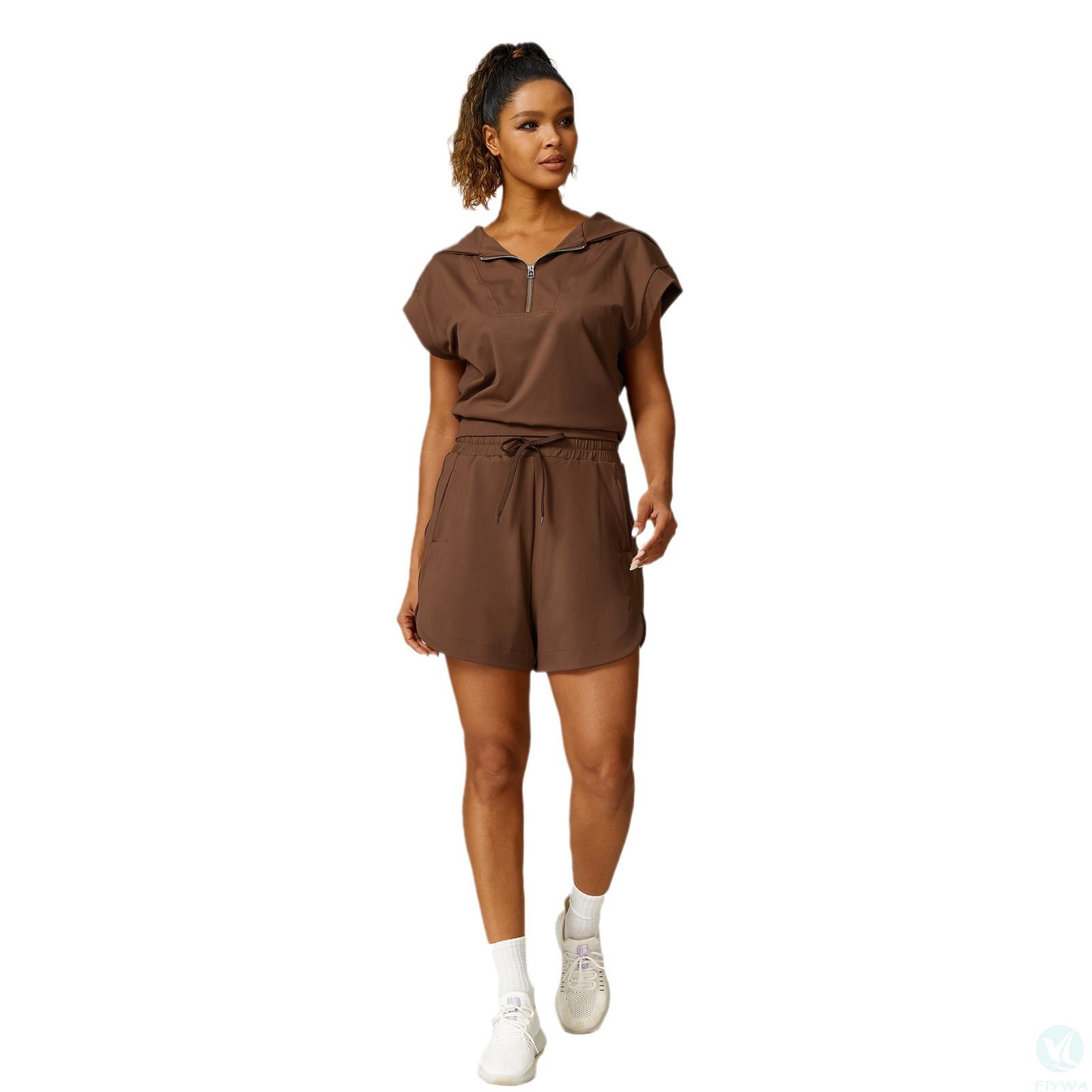 Loose half-zip lapel sleeveless top, casual trousers, lace-up shorts three-piece fitness suit FLY-LM-008 - copy