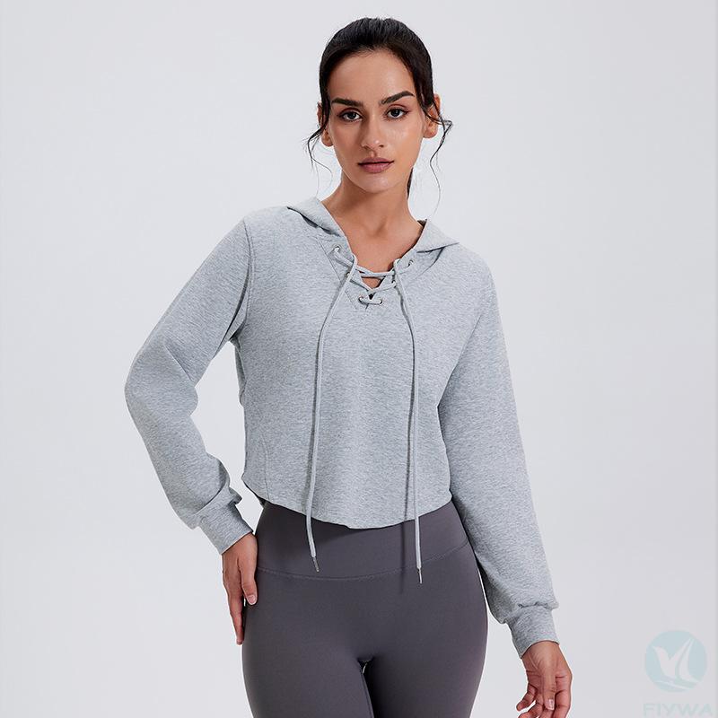 Spring and summer casual loose hooded drawstring long-sleeved sports sweatshirt running fitness yoga wear sports top for women FLY-WS-001 