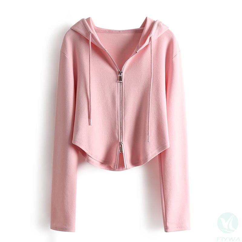 Pink hooded long-sleeved sweatshirt for women early autumn new sports casual cardigan coat slim short top FLY-WS-003 