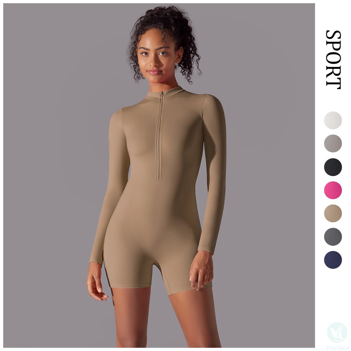 Open collar zipper long-sleeved jumpsuit fitness sports sexy tight jumpsuit brushed nude skin-friendly yoga wear FLY-LT-010