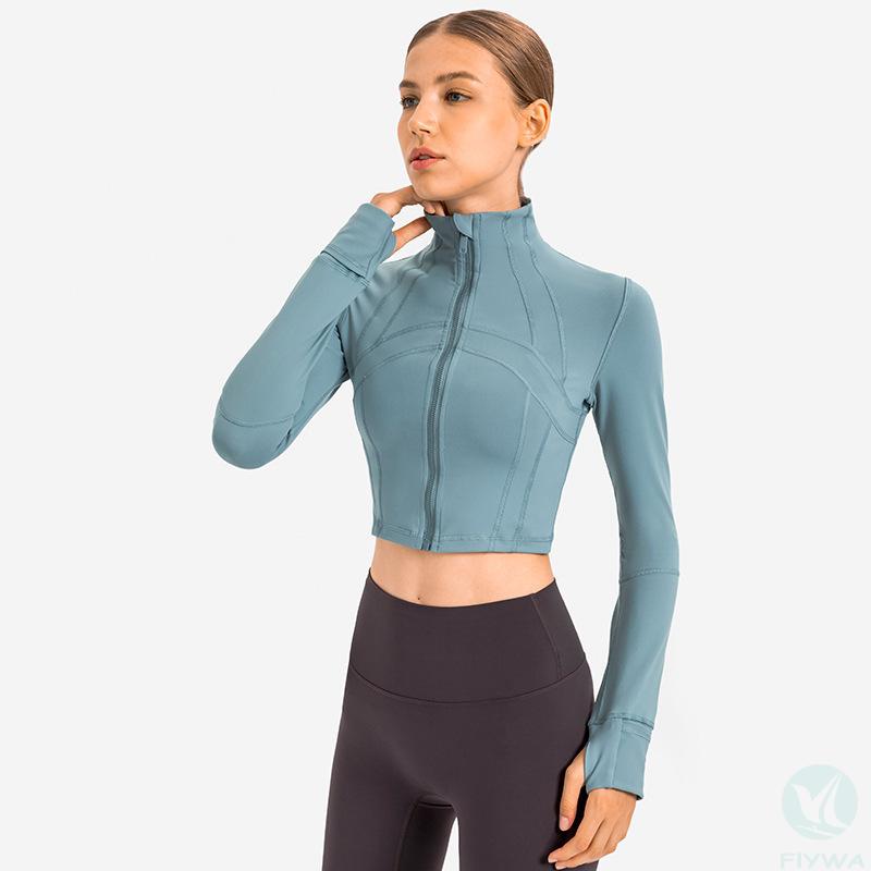 Short sports coat for women, stand collar, elastic slim zipper, long sleeve yoga fitness wear FLY-YJ-008