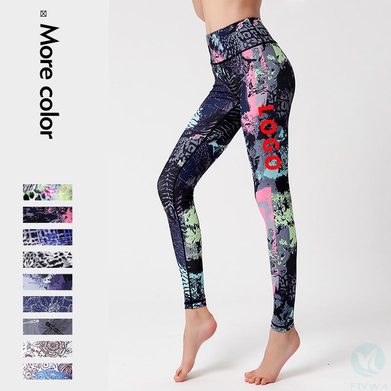 Hot selling printed yoga pants tight high waist hip leggings high elastic slim sports fitness pants cross border yoga wear FLY-K-013