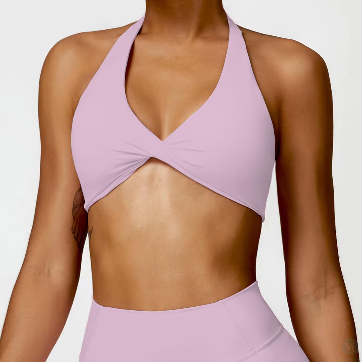 pink sports bra twist front halter neck sports bra backless activewear breathable four-way stretch fitness running wear